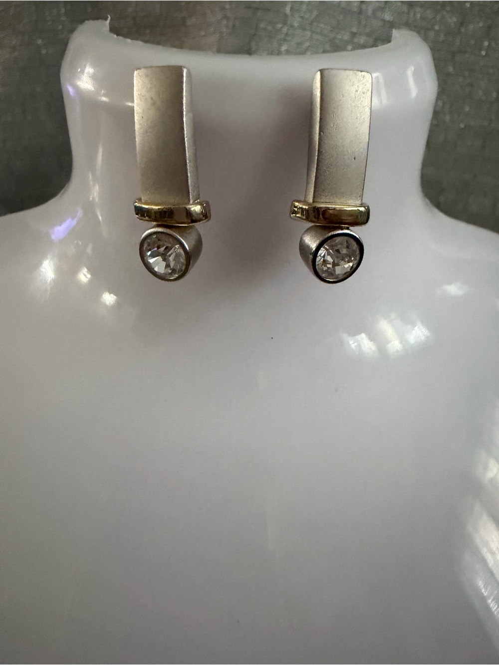 Two-Tone Silver and Gold Drop Earrings with Clear Stone